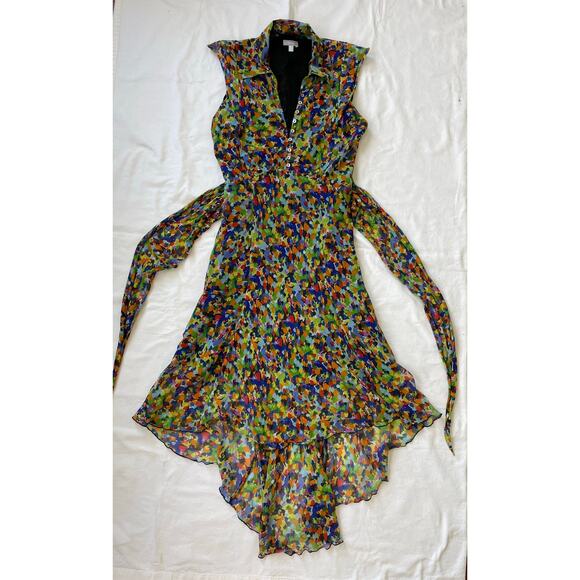 Y2K Stefanel Silk Fruit Print High-Low Dress Size S / M Belted Button Front - Picture 9 of 11